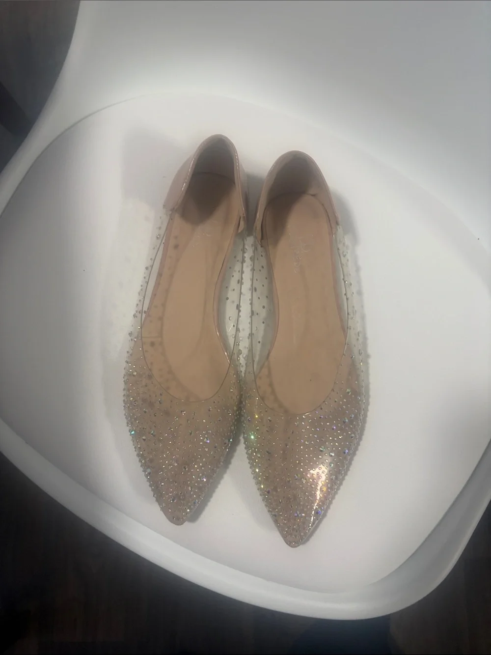 Crystal Embellished Pointed Toe Flats in Nude